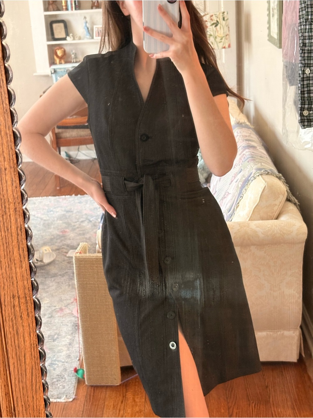 Calvin Klein Navy Cap-Sleeve Tie-Waist Button-Front Midi Dress